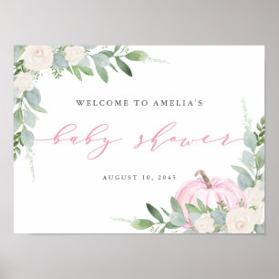 Watercolor Pink Pumpkin Fall Baby Shower Welcome Poster