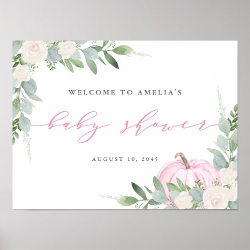 Watercolor Pink Pumpkin Fall Baby Shower Welcome Poster