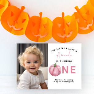 Watercolor Pink Pumpkin first birthday party Thank You Card