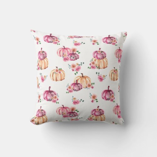 Watercolor Pink Pumpkin Floral Pattern  Throw Pillow