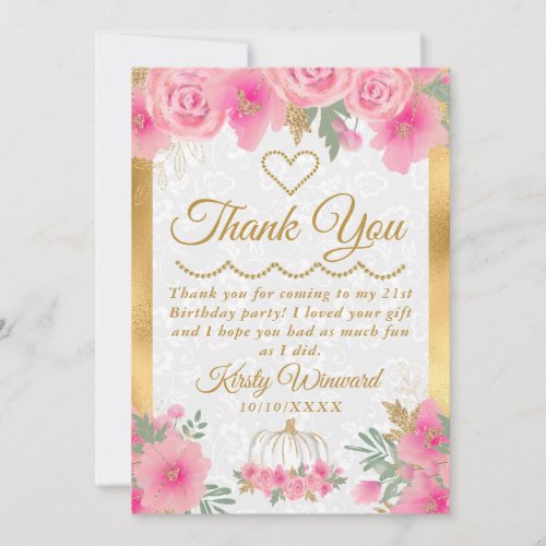 Watercolor Pink Pumpkin Flowers Birthday Party Thank You Card