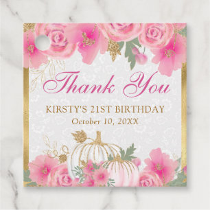 Watercolor Pink Pumpkin Flowers Gold Birthday Favor Tags