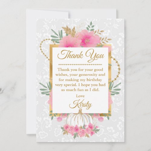 Watercolor Pink Pumpkin Flowers Gold Foil Birthday Thank You Card