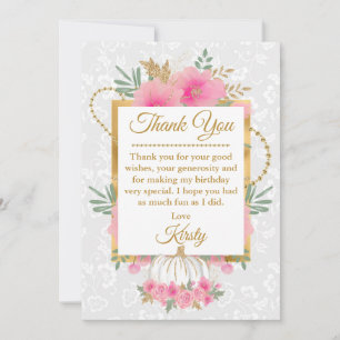 Watercolor Pink Pumpkin Flowers Gold Foil Sweet 16 Thank You Card