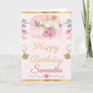 Watercolor Pink Pumpkin Gold Birthday Card