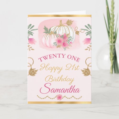 Watercolor Pink Pumpkin Gold Birthday Card