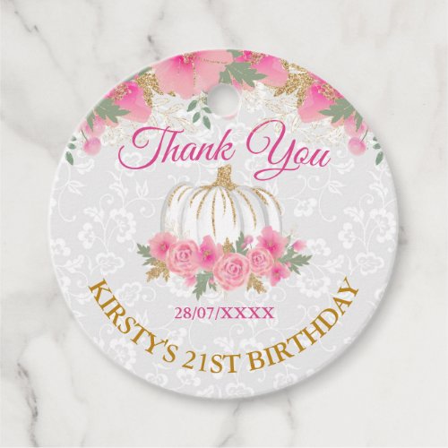 Watercolor Pink Pumpkin Gold Foil Birthday Favor Tags