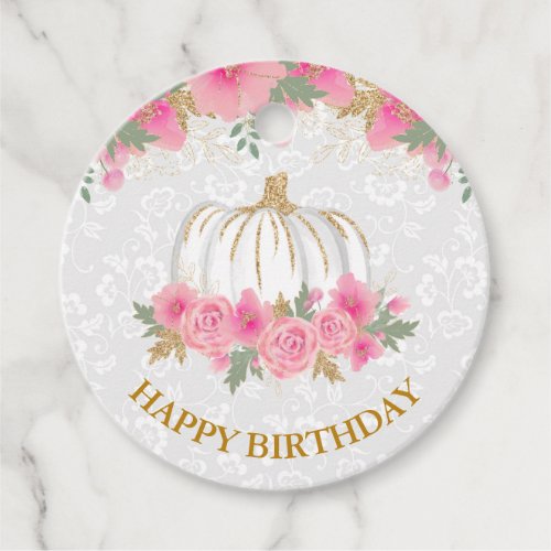 Watercolor Pink Pumpkin Gold Foil Happy Birthday Favor Tags