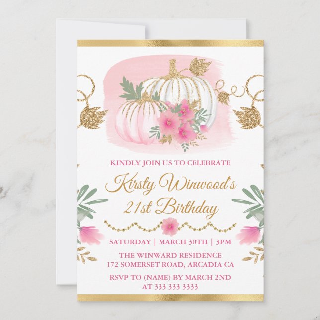 Watercolor Pink Pumpkin Gold Glitter Birthday Invitation (Front)
