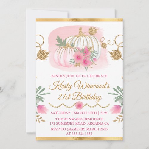Watercolor Pink Pumpkin Gold Glitter Birthday Invitation
