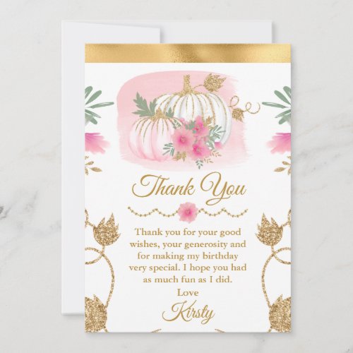 Watercolor Pink Pumpkin Gold Glitter Birthday Thank You Card