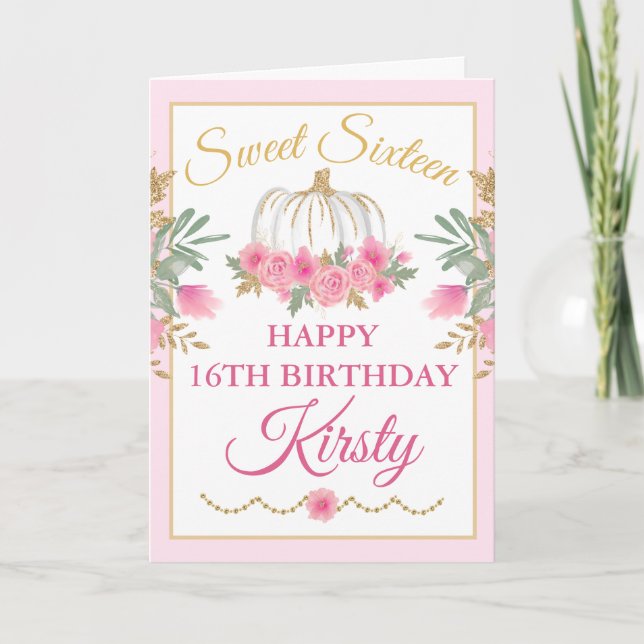 Watercolor Pink Pumpkin Gold Sweet 16 Birthday Card (Front)