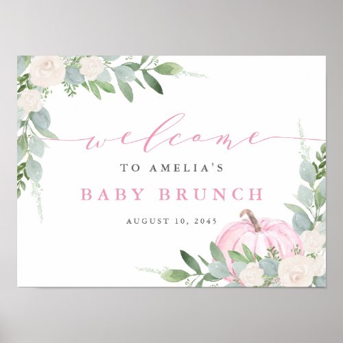 Watercolor Pink Pumpkin Greenery Fall Baby Brunch Poster