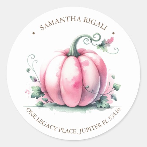 Watercolor Pink Pumpkins Return Address Classic Round Sticker