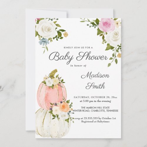 Watercolor Pink Pumpkins Roses  Baby Shower Invitation