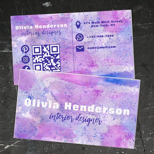 Watercolor Pink Purple Blue Interior Designer Business Card