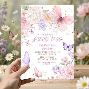 Watercolor Pink Purple Butterflies 5th Birthday Invitation