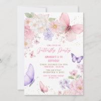 Watercolor Pink Purple Butterflies 5th Birthday