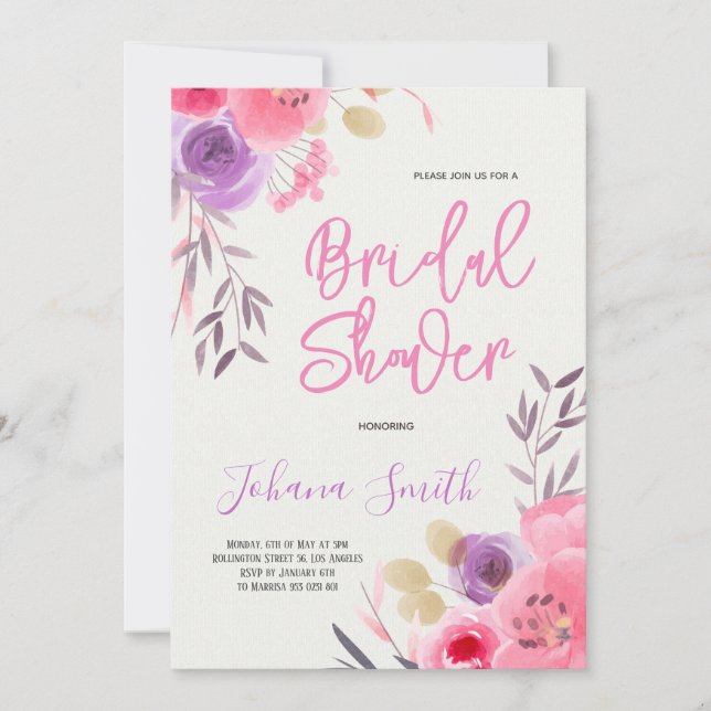Watercolor Pink Purple Floral Bridal Shower  Invitation (Front)