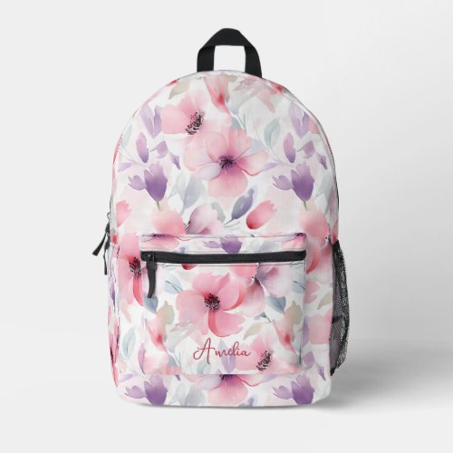 Watercolor Pink  Purple Floral Pattern Printed Backpack
