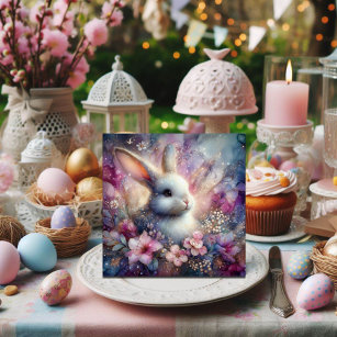 Watercolor Pink Purple Flowers Bunny Religious  Holiday Card