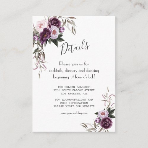 Watercolor Pink Purple Flowers Wedding Details Enclosure Card
