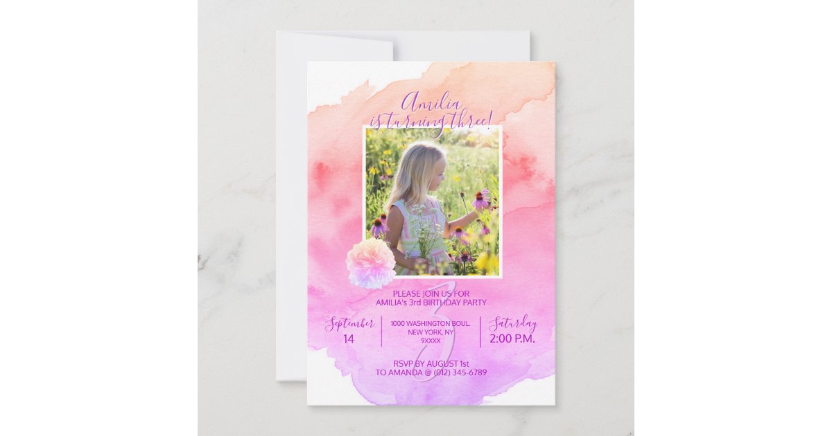 Watercolor Pink Purple Girl 3rd BIRTHDAY Party Invitation | Zazzle