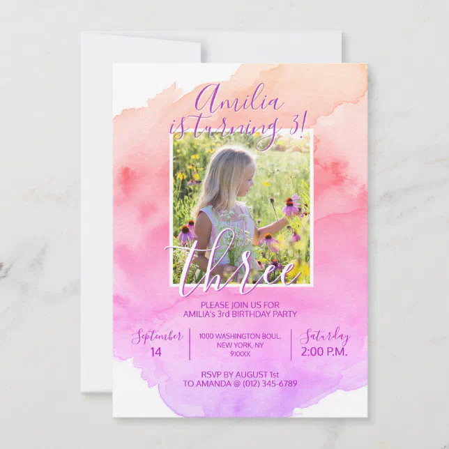Watercolor Pink Purple Girl 3rd BIRTHDAY Party Invitation | Zazzle