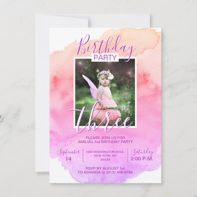 Watercolor Pink Purple Girl 3rd THREE YEAR Invitation (Front)
