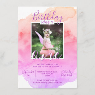 Watercolor Pink Purple Girl BIRTHDAY 1st ONE YEAR Invitation