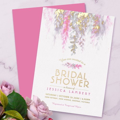 Watercolor pink purple gold bridal shower foil invitation