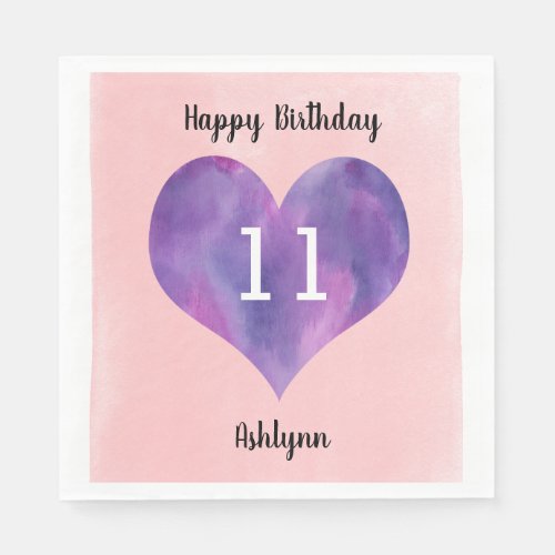 Watercolor Pink Purple Heart 11th Birthday  Napkins