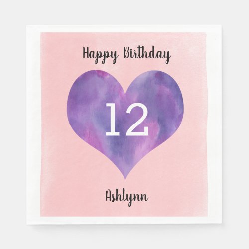 Watercolor Pink Purple Heart 12th Birthday  Napkins
