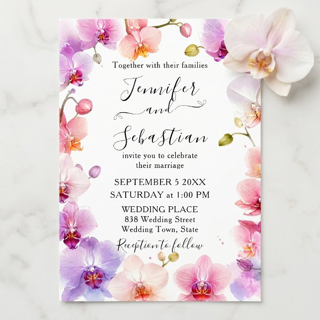 Watercolor Pink Purple Orchid Botanical Wedding Invitation (Creator Uploaded)