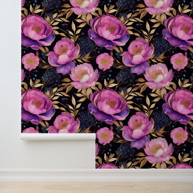 Watercolor Pink Purple Peonies Blue Babies Breath  Wallpaper (Application)