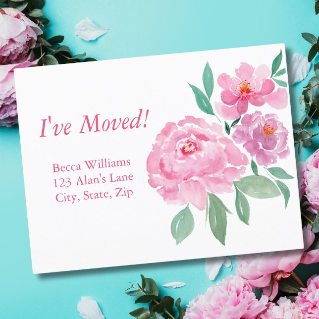 Watercolor Pink & Purple Peonies I've Moved Announcement Postcard (Creator Uploaded)