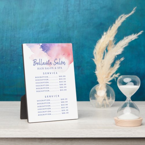 Custom Price Menus 17 Watercolor Pink Purple Salon Price Menu Plaque