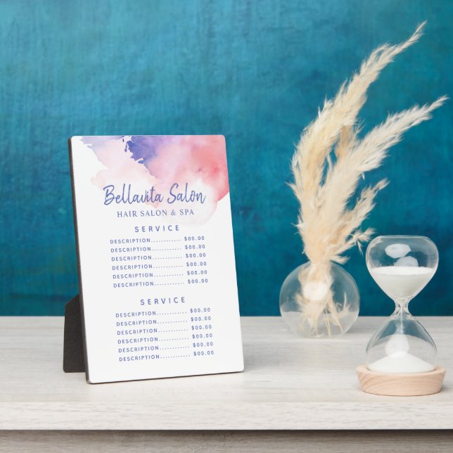 Watercolor Pink Purple Salon Price Menu Plaque (Side)