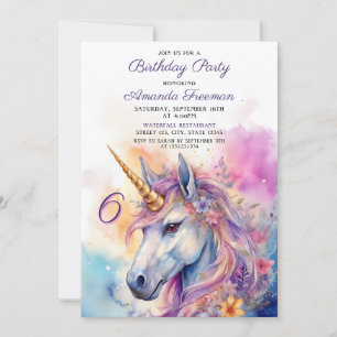 Watercolor Pink & Purple Unicorn 6th Birthday Invitation