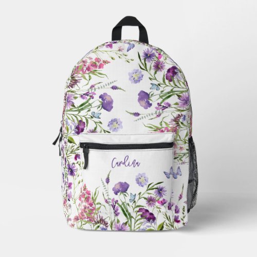 Watercolor Pink Purple Wildflowers Meadow Garden  Printed Backpack