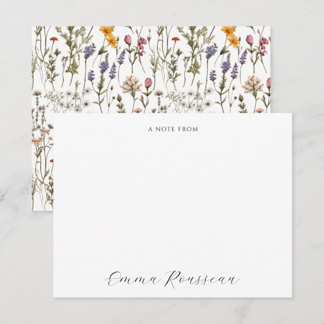 Watercolor Pink Purple Wildflowers Script  Note Card (Front/Back)