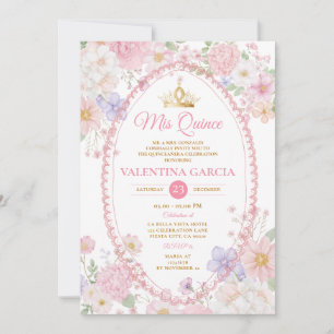 Watercolor Pink Quinceañera 15 Anos Flowers Gold Invitation