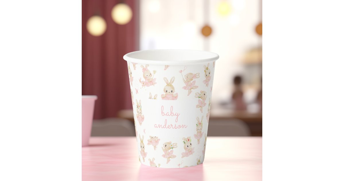 Pink Rabbit Cup Watercolor Pink Rabbit Ballerina Tutu Baby Shower Paper Cups | Zazzle