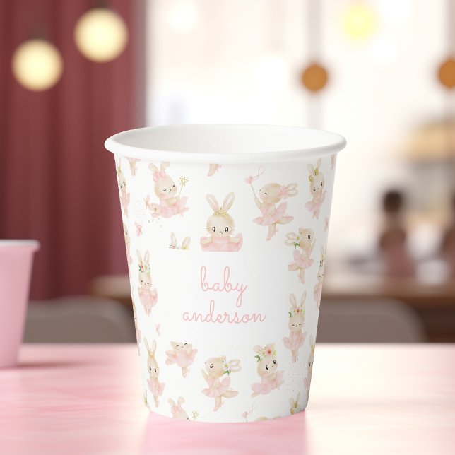Watercolor Pink Rabbit Ballerina Tutu Baby Shower Paper Cups (pink ballerina baby shower cup)
