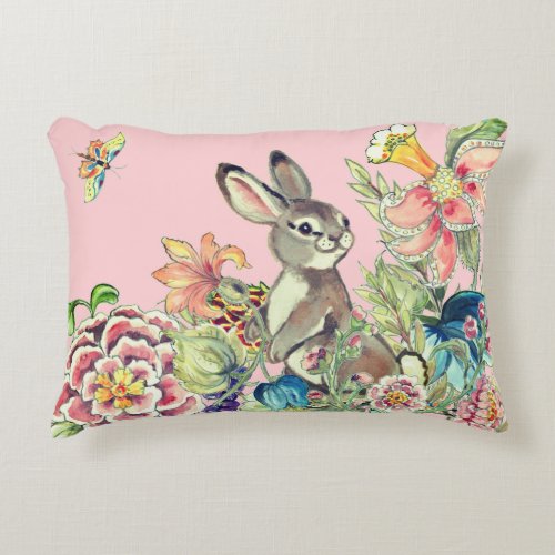 Watercolor Pink Rabbit Flower Garden Chinoiserie Accent Pillow