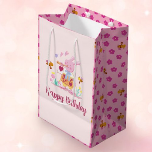 Watercolor pink rabbit in the garden birthday medium gift bag