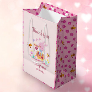 Watercolor pink rabbit in the garden kids birthday medium gift bag