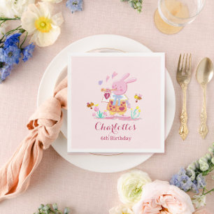 Watercolor pink rabbit in the garden kids birthday napkins