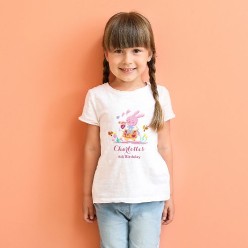 Watercolor pink rabbit in the garden kids birthday T_Shirt