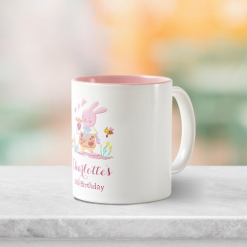 Watercolor pink rabbit in the garden kids birthday Two_Tone coffee mug